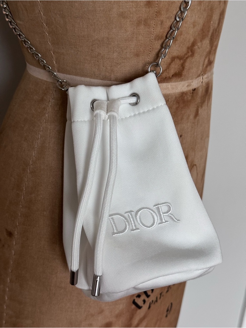 Dior Makeup Pouch Repurposed Into Crossbody Mini Bag - White & Silver